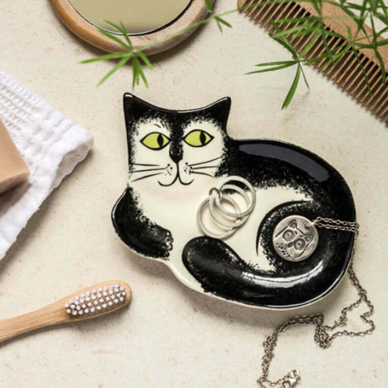 Hannah Turner Black and White Cat Trinket Dish
